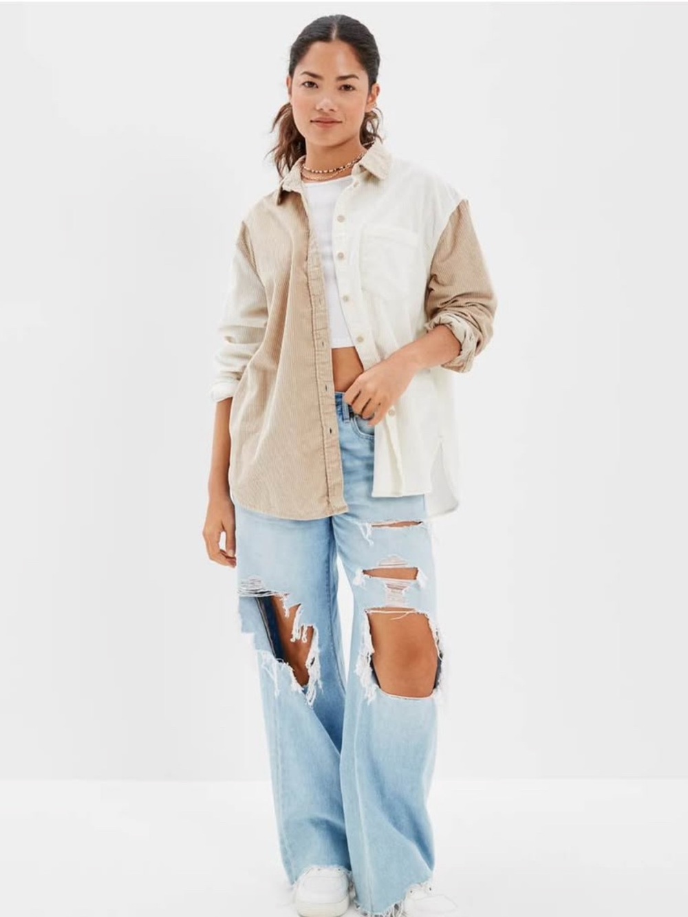 American Eagle Two-Tone Colorblock Corduroy Oversized Button-Up Shirt Size L